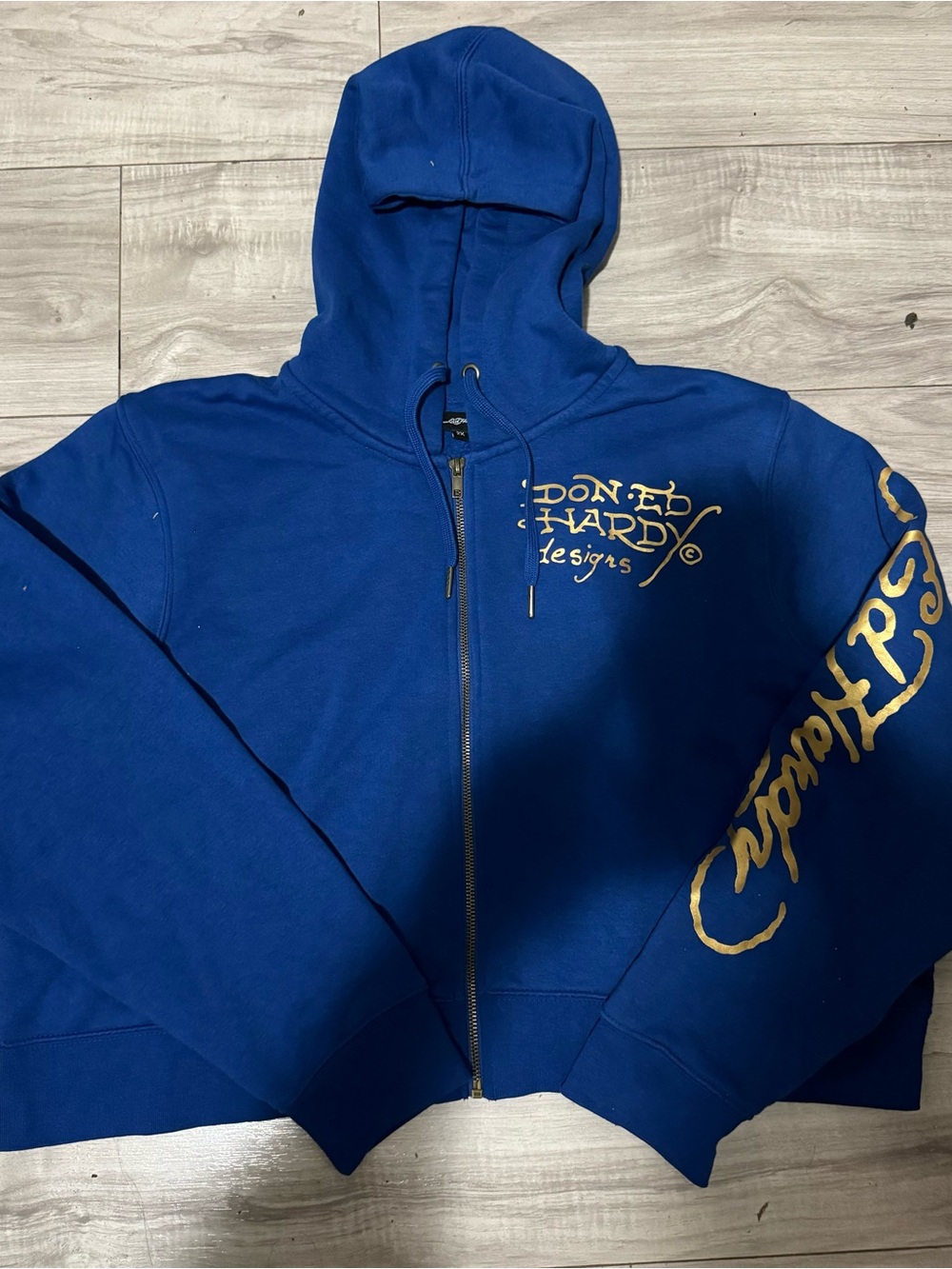 Ed Hardy Royal Blue Zip Hoodie with Gold Script